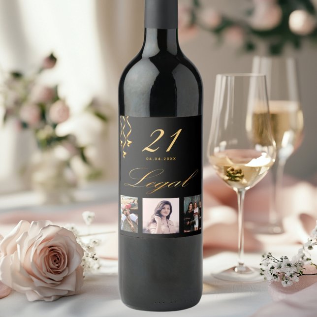 21st birthday party photo black gold legal wine label (Creator Uploaded)