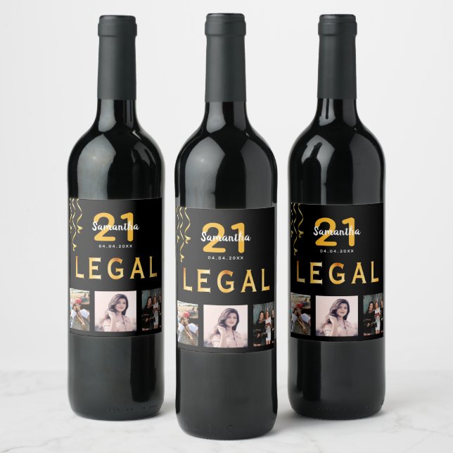 21st birthday party photo collage black legal gold wine label (Bottles)