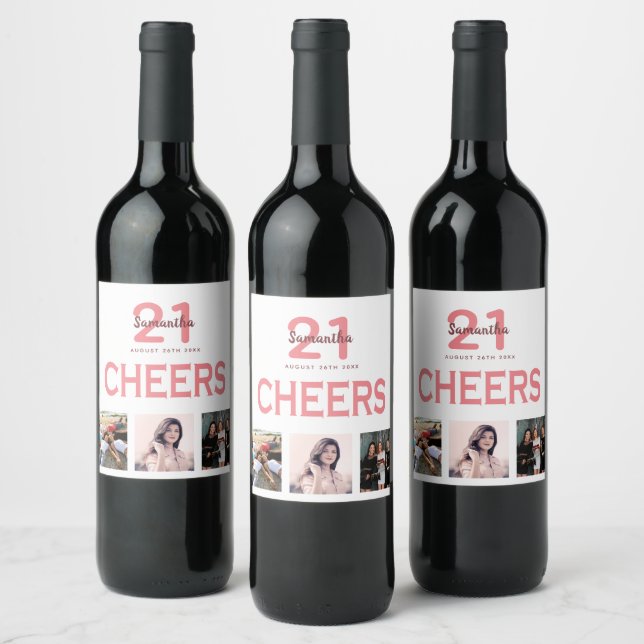 21st birthday party photo collage cheers pink wine label (Bottles)