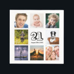 21st birthday party photo collage guys napkin<br><div class="desc">A napkin for a 21st birthday party for a guy,  celebrating his life with a collage of 8 of your photos.  Templates for the age 21 and a date.  Date of birth or the date of the party.  Black coloured letters.  White background.</div>