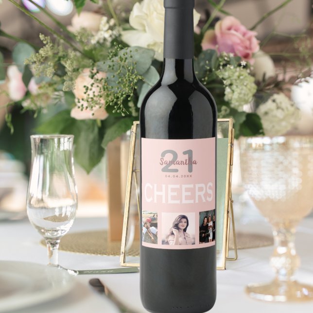 21st birthday party photo collage rose gold cheers wine label (Creator Uploaded)