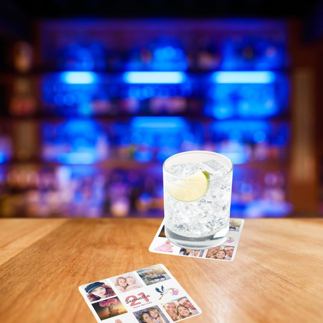 21st birthday party photo collage square paper coaster (Creator Uploaded)