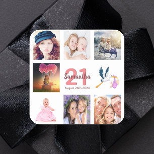 21st birthday party photo collage square sticker
