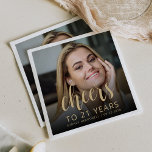 21st Birthday Party Photo Gold Script Cheers Napkin<br><div class="desc">This custom 21st birthday napkin features the guest of honour's personalised photo,  name,  and birthday,  along with the word "Cheers" in elegant gold-coloured calligraphy script. A dark screen helps make the text pop. A great way to celebrate someone who's turning 21!</div>
