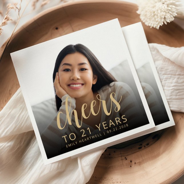 21st Birthday Party Photo Gold Script Cheers Napkin (Creator Uploaded)