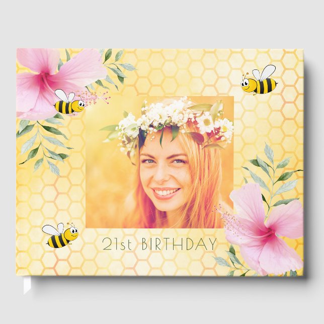 21st birthday party photo honeycomb bee pink guest book (Front)