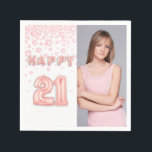 21st birthday party photo rose gold balloons napkin<br><div class="desc">A napkin for a giry 21st birthday party. Template for your photo.  White background and the tex: Happy 21.  The text is written with a trendy faux rose gold balloon script/text. With faux rose gold coloured diamonds.</div>