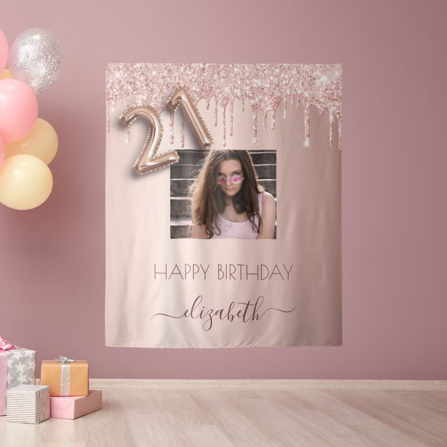 21st birthday party photo rose gold glitter pink tapestry (Creator Uploaded)