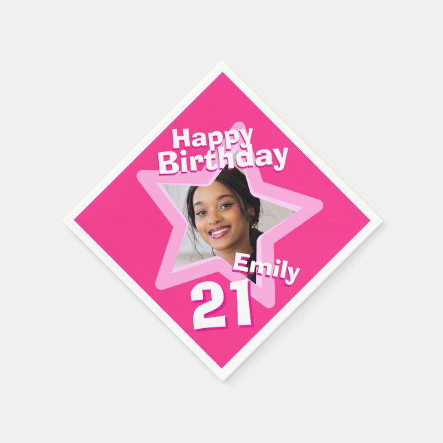 21st Birthday party photo star hot pink napkins (Corner)