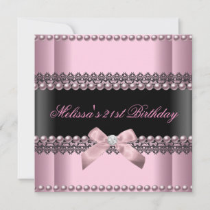 21st Birthday Party Pink Black Lace Pearl Invitation