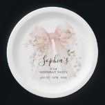 21st Birthday Party Pink Bow with Roses Custom Paper Plate<br><div class="desc">Blush pink watercolor coquette bow is decorated with roses and sage green greenery.</div>