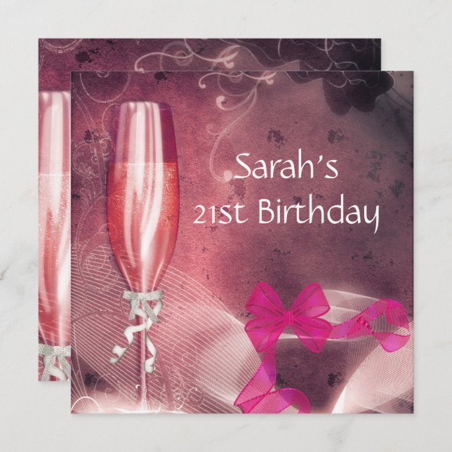 21st Birthday Party Pink Champagne Glass Bow 2 Invitation (Front/Back)