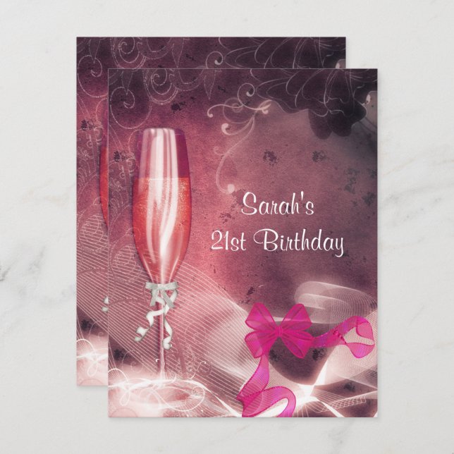 21st Birthday Party Pink Champagne Glass Bow Invitation (Front/Back)