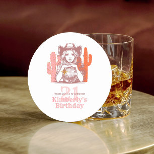 21st Birthday Party Pink Country Cowgirl Disco Round Paper Coaster
