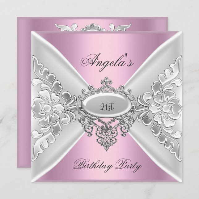 21st Birthday Party Pink Elegant Silver White Invitation (Front/Back)