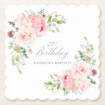21st Birthday Party Pink Floral Custom Paper Coaster<br><div class="desc">A beautiful and feminine custom paper coaster to celebrate a 21st birthday in elegant style. This floral design is bordered with a frame of charming pink peonies and greenery.</div>