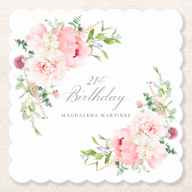 21st Birthday Party Pink Floral Custom Paper Coaster (Front)
