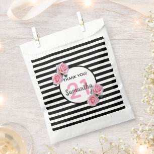 21st birthday party pink flowers black stripes favour bags