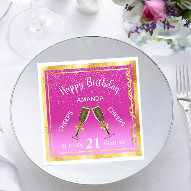21st birthday party pink ombre gold champagne napkin (Creator Uploaded)