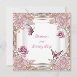 21st Birthday Party Pink Rose White Butterfly Invitation