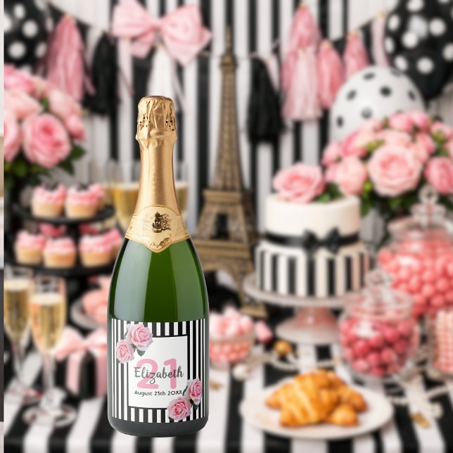 21st birthday party pink roses black white stripes sparkling wine label (Creator Uploaded)