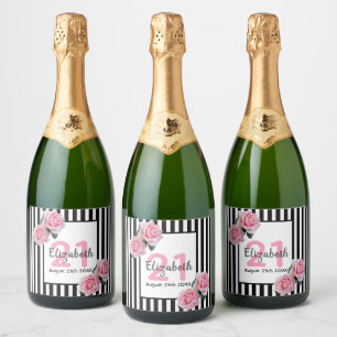 21st birthday party pink roses black white stripes sparkling wine label