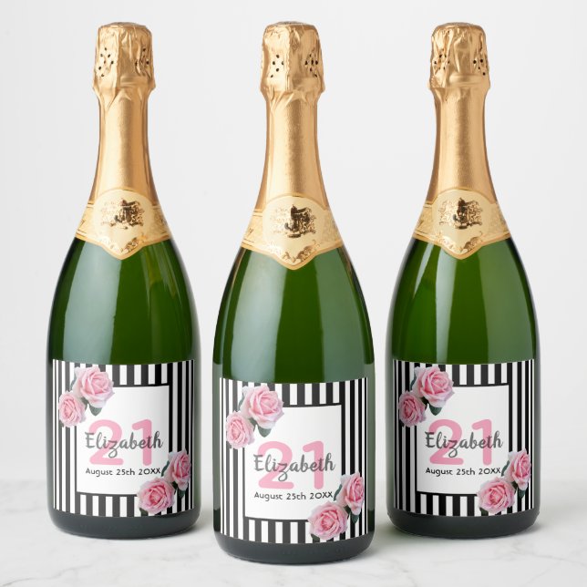 21st birthday party pink roses black white stripes sparkling wine label (Bottles)