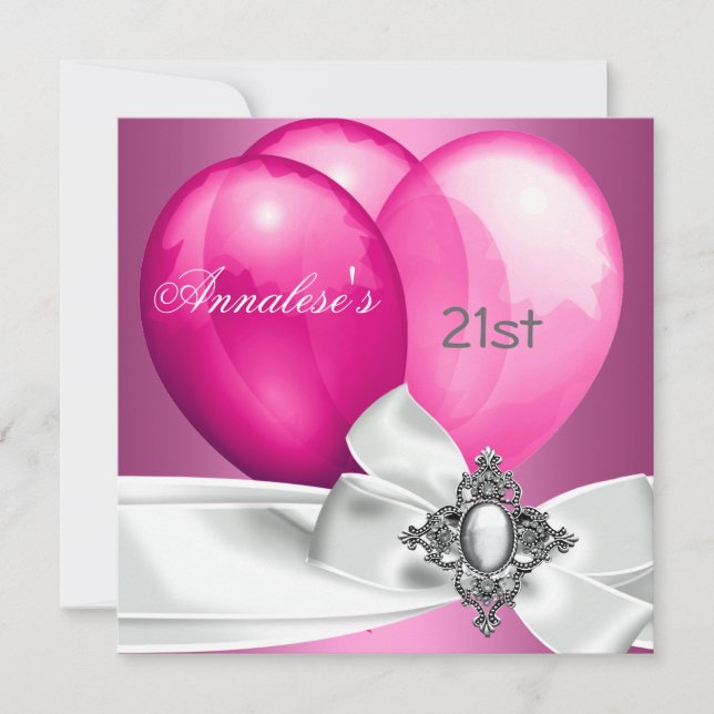 21st Birthday Party Pink White Silver Bow Balloons Invitation (Front)