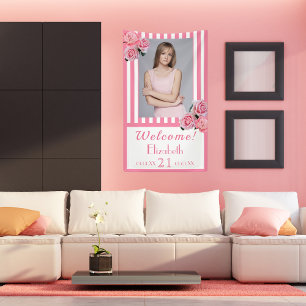 21st birthday party pink white stripes photo banner