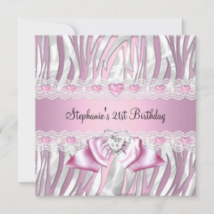 21st Birthday Party Pink White Zebra Diamond Invitation