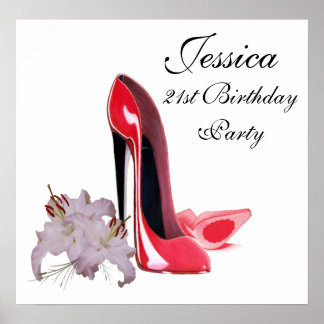 21st Birthday Party Poster with Red Stiletto Shoes