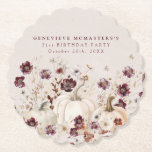 21st Birthday Party Pumpkin Wildflower Custom Paper Coaster<br><div class="desc">White Fall pumpkins are nestled in delicate burgundy red wildflowers to create an elegant aesthetic. All of the text is editable so you can easily craft your own special mood.</div>