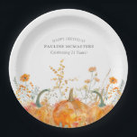 21st Birthday Party Pumpkin Wildflower Custom Paper Plate<br><div class="desc">Fall pumpkins are nestled in delicate golden yellow and orange wildflowers to create an elegant aesthetic. All of the text is editable so you can easily craft your own special mood.</div>