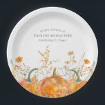 21st Birthday Party Pumpkin Wildflower Custom Paper Plate<br><div class="desc">Fall pumpkins are nestled in delicate golden yellow and orange wildflowers to create an elegant aesthetic. All of the text is editable so you can easily craft your own special mood.</div>