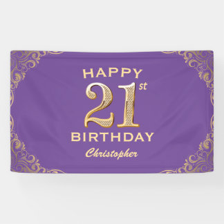 21st Birthday Party Purple and Gold Glitter Frame Banner