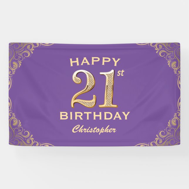 21st Birthday Party Purple and Gold Glitter Frame Banner (Horizontal)
