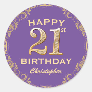 21st Birthday Party Purple and Gold Glitter Frame Classic Round Sticker