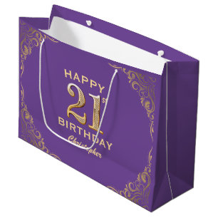 21st Birthday Party Purple and Gold Glitter Frame Large Gift Bag