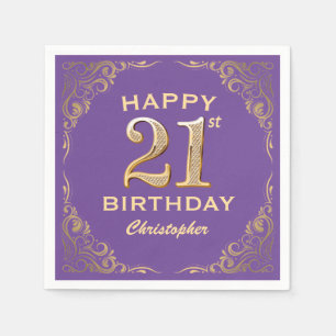 21st Birthday Party Purple and Gold Glitter Frame Napkin
