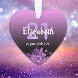 21st birthday party purple black gradient name ornament<br><div class="desc">Glamorous ornament for a 21st birthday with elegant and modern black and pink,  purple gradient,  ombre backdrop. With ultra violet and purple colored watercolored flowers.  Templates for name,  age 21 and date,  white and purple colored letters. Perfect as a party decoration,  keepsake or gift.</div>