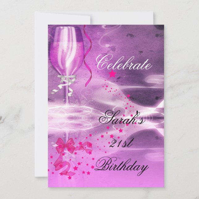 21st Birthday Party Purple Champagne Glass Bow Invitation (Front)
