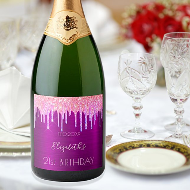 21st birthday party purple glitter pink name sparkling wine label (Creator Uploaded)