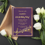 21st Birthday party purple gold music notes Invitation<br><div class="desc">Let's party and dance! A trendy,  modern 21st birthday party invitation card. A classic dark purple background,  with faux gold  frame and music notes,  golden coloured letters. Templates for your party information.  Back: Purple colour faux gold music notes.</div>