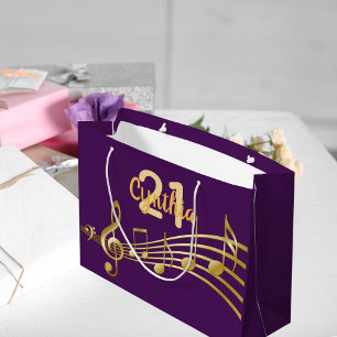 21st Birthday party purple gold music notes Large Gift Bag