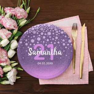 21st birthday party purple pink glitter name paper plate