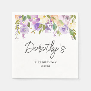 21st Birthday Party Purple Rose Floral Custom Napkin