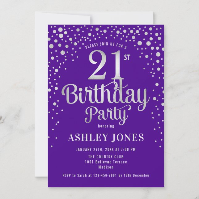 21st Birthday Party - Purple & Silver Invitation (Front)