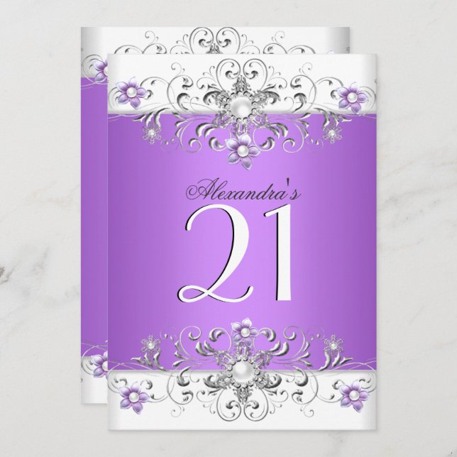 21st Birthday Party Purple White Diamond Invitation (Front/Back)