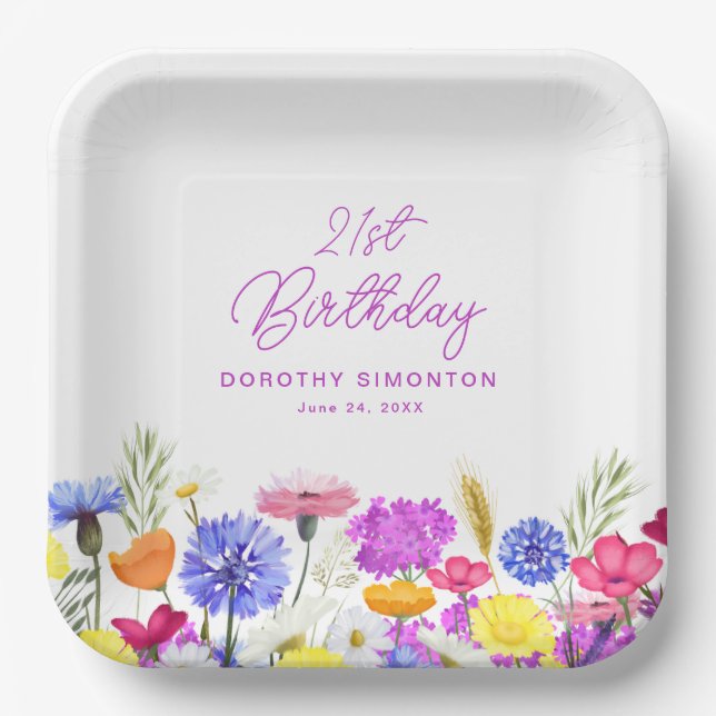 21st Birthday Party Purple Wildflower Custom Paper Plate (Front)