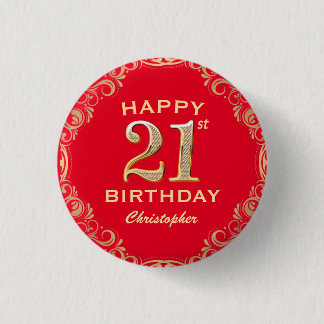 21st Birthday Party Red and Gold Glitter Frame 3 Cm Round Badge